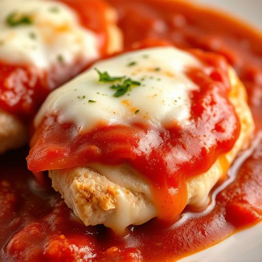 Chicken Parmesan with marinara sauce and melted mozzarella cheese