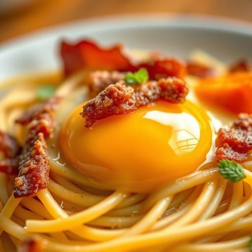 Spaghetti Carbonara with egg yolk and pancetta