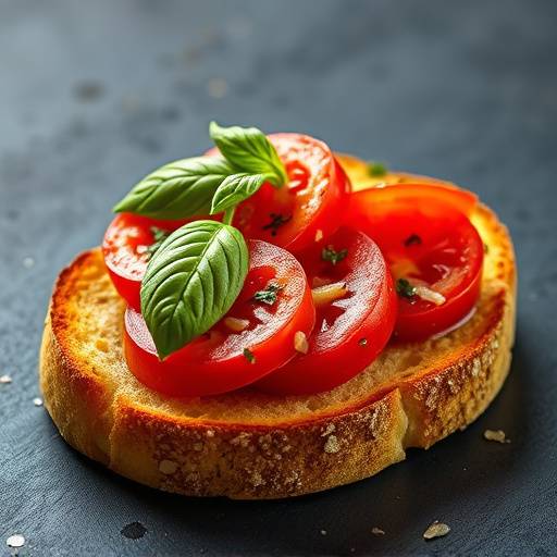 Toasted Bruschetta topped with tomatoes, basil, and garlic